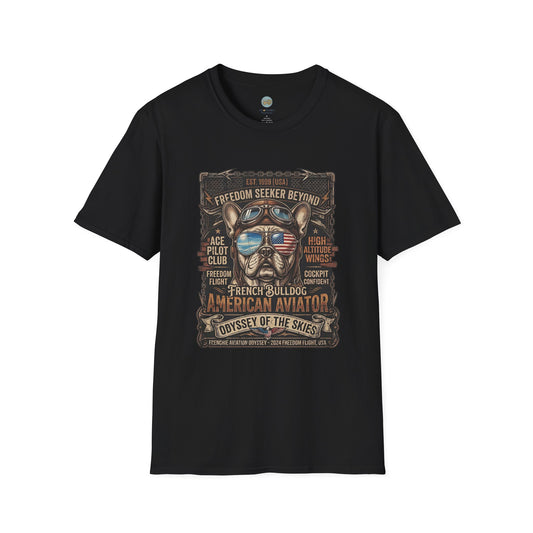 Vintage Aviator Frenchie T-Shirt | Freedom French Bulldog Pilot with Goggles | Gildan Softstyle 64000 Premium Tee