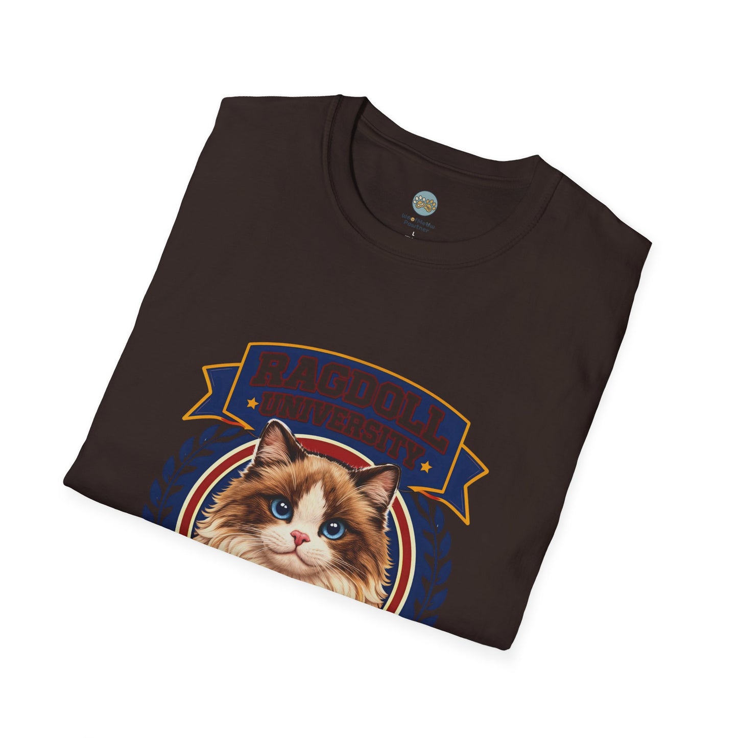 Ragdoll University T-Shirt | Vintage College Crest Style | Gildan Softstyle 64000 Premium Tee for Cat Moms and Dads