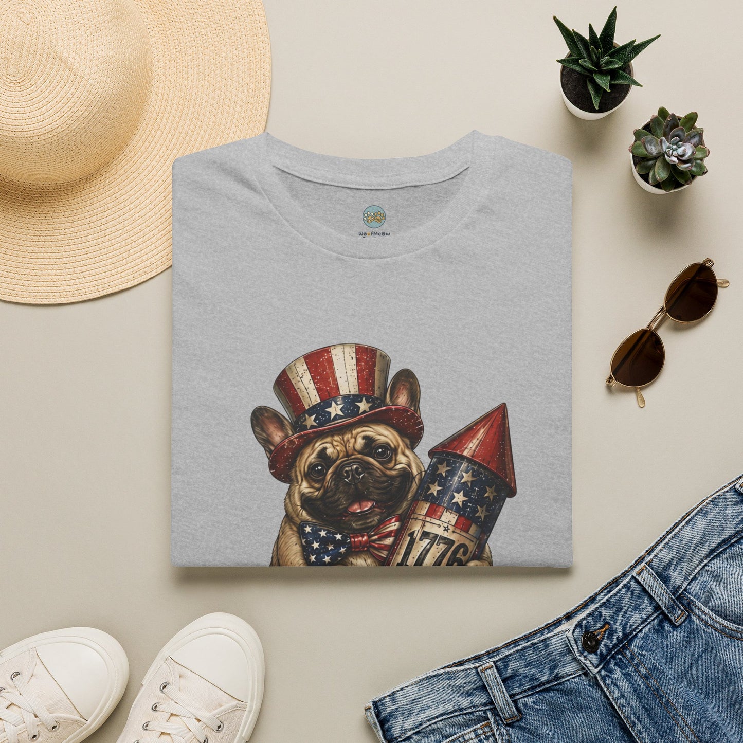 USA United States of Awesome 4th of July T-Shirt | Frenchie with 1776 Firework | Gildan Softstyle 64000