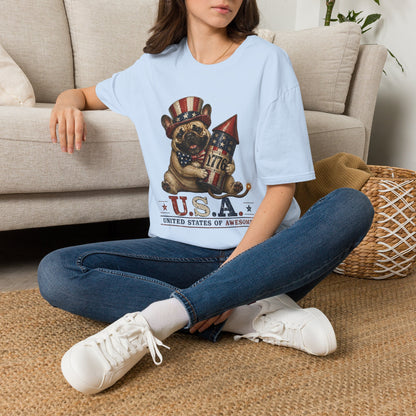 USA United States of Awesome 4th of July T-Shirt | Frenchie with 1776 Firework | Gildan Softstyle 64000
