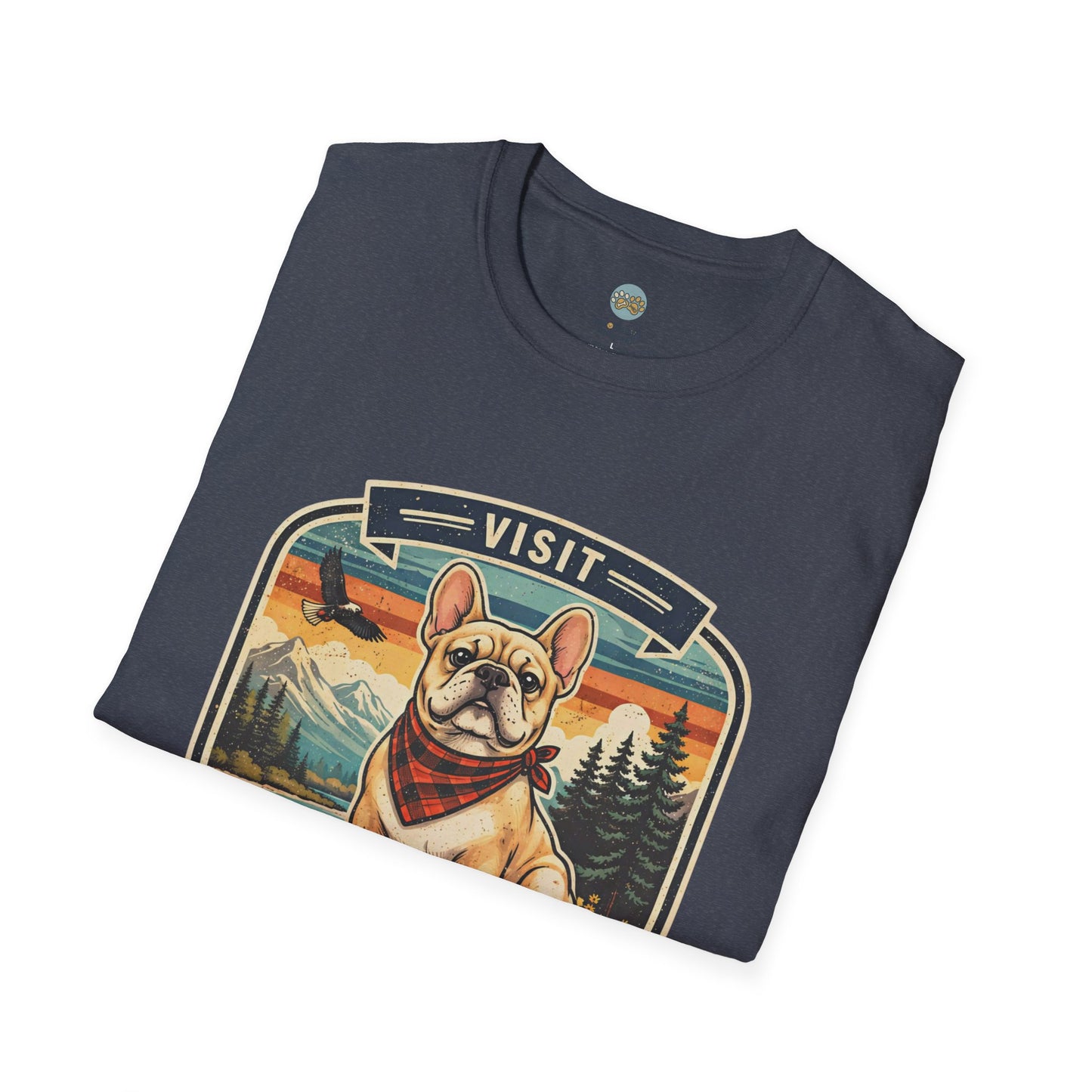 French Bulldog National Park T-Shirt | Vintage Badge Design with Mountains and Sunset for Dog Lovers | Gildan Softstyle 64000 Premium Tee