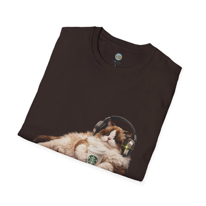 Cat Coffee Review T-Shirt — Relaxed Cat with Headphones & 5-Star Latte Tee | Gildan Softstyle 64000 Premium Tee