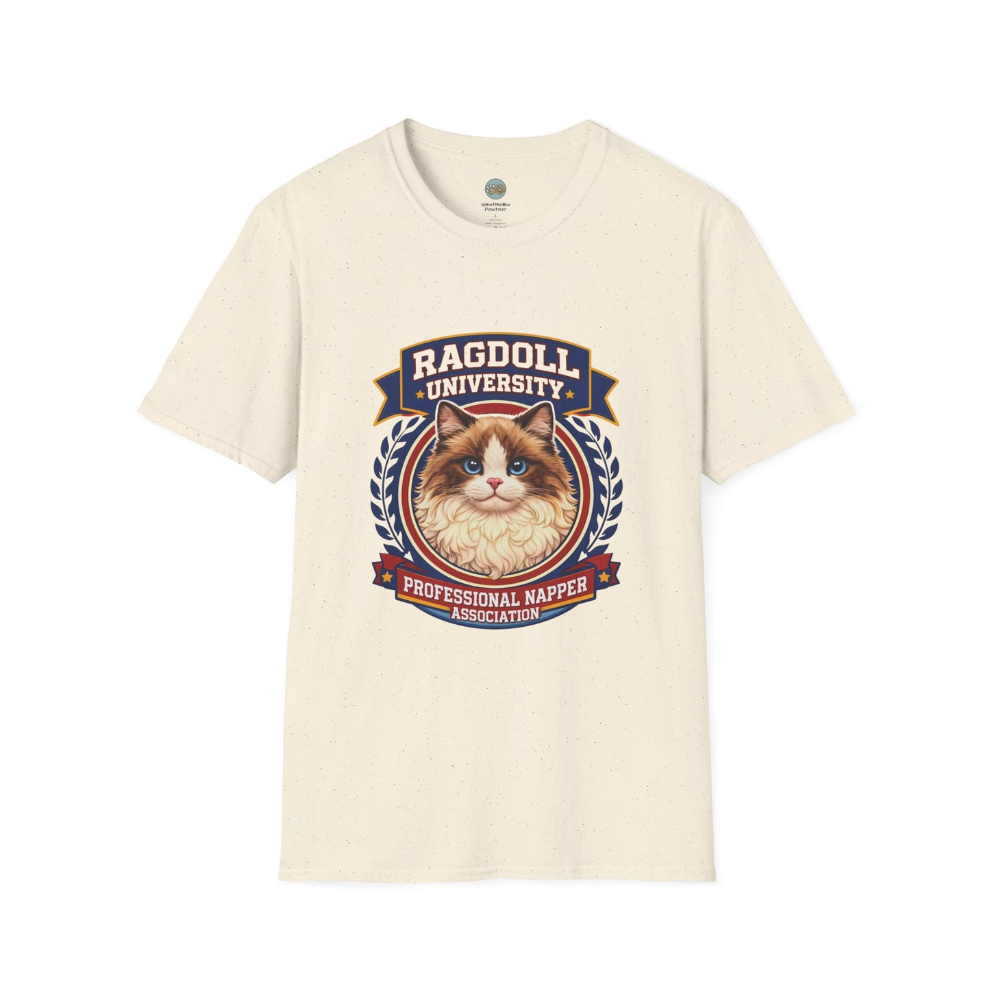 Ragdoll University T-Shirt | Vintage College Crest Style | Gildan Softstyle 64000 Premium Tee for Cat Moms and Dads