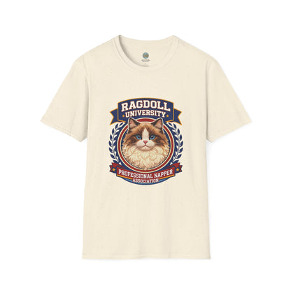 Ragdoll University T-Shirt | Vintage College Crest Style | Gildan Softstyle 64000 Premium Tee for Cat Moms and Dads