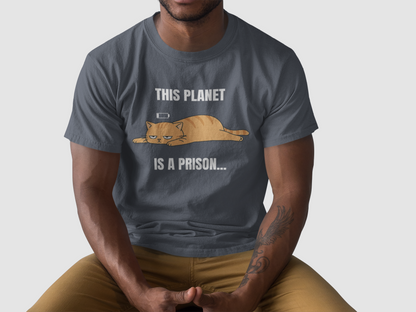 This Planet Is a Prison Orange Cat T-Shirt | Funny Existential Crisis Meme Tee | Gildan Softstyle 64000