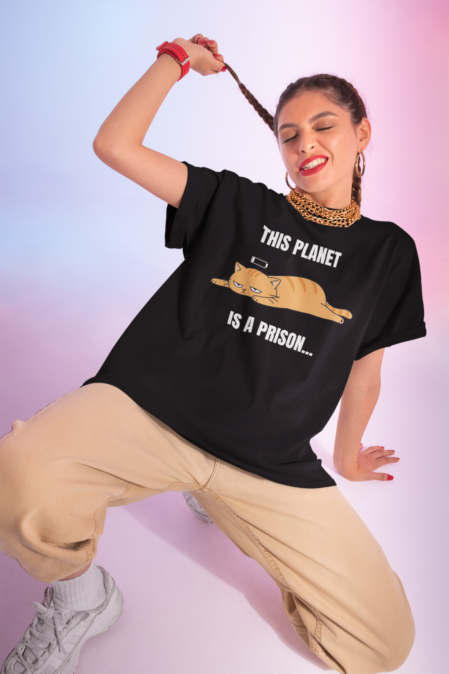 This Planet Is a Prison Orange Cat T-Shirt | Funny Existential Crisis Meme Tee | Gildan Softstyle 64000