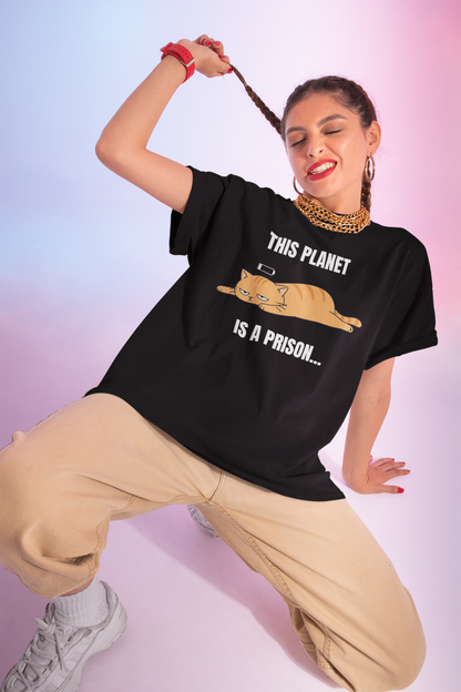 This Planet Is a Prison Orange Cat T-Shirt | Funny Existential Crisis Meme Tee | Gildan Softstyle 64000
