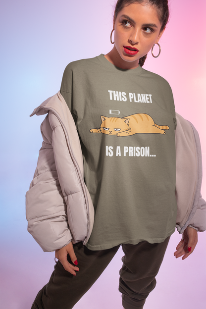 This Planet Is a Prison Orange Cat T-Shirt | Funny Existential Crisis Meme Tee | Gildan Softstyle 64000