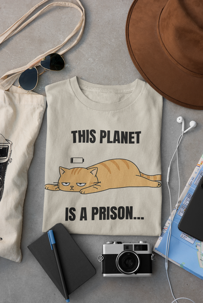 This Planet Is a Prison Orange Cat T-Shirt | Funny Existential Crisis Meme Tee | Gildan Softstyle 64000