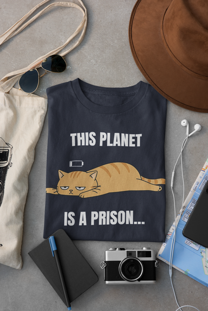 This Planet Is a Prison Orange Cat T-Shirt | Funny Existential Crisis Meme Tee | Gildan Softstyle 64000
