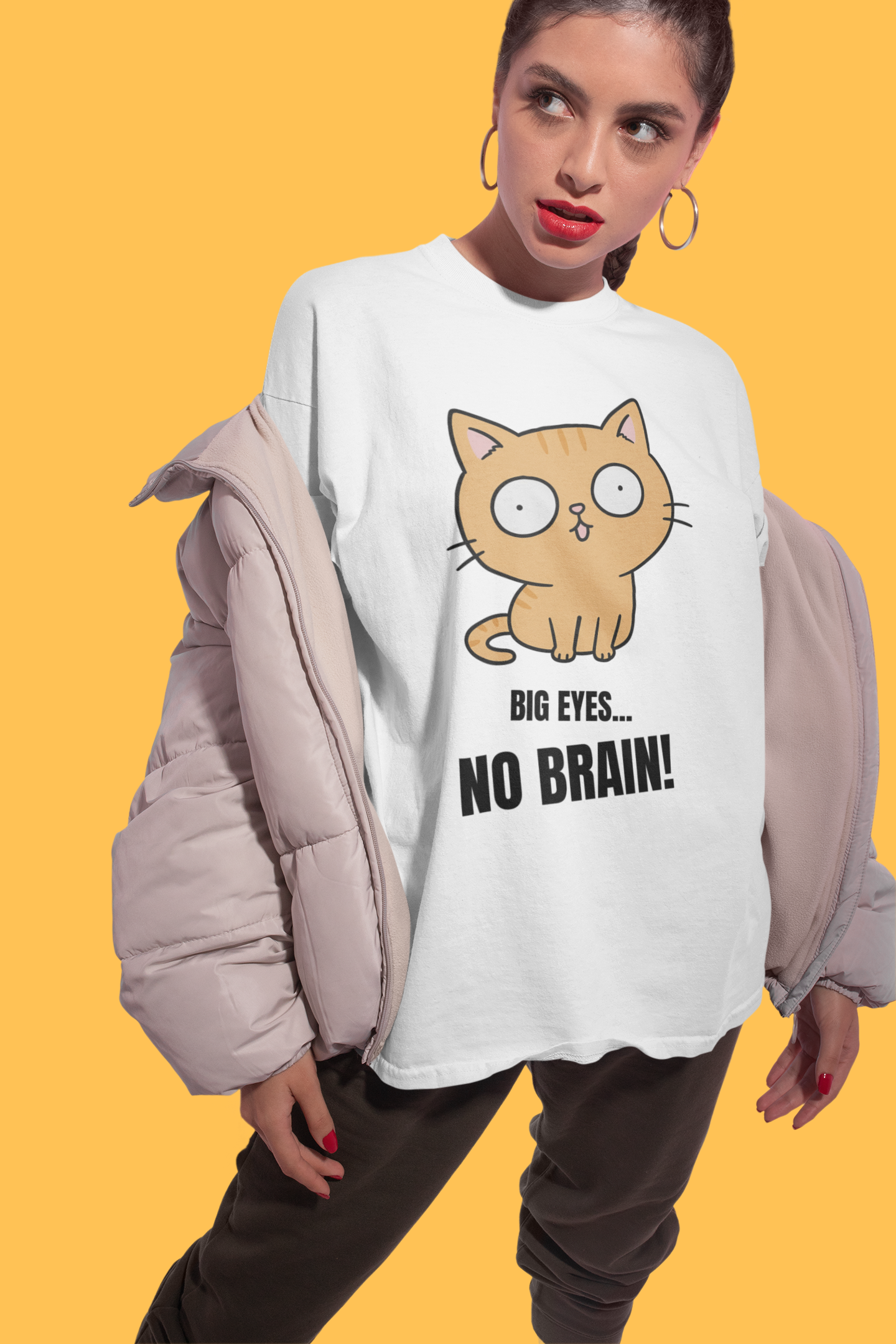 Big Eyes No Brain Orange Cat T-Shirt | Funny Ginger Cat Meme Slogan Tee | Gildan Softstyle 64000