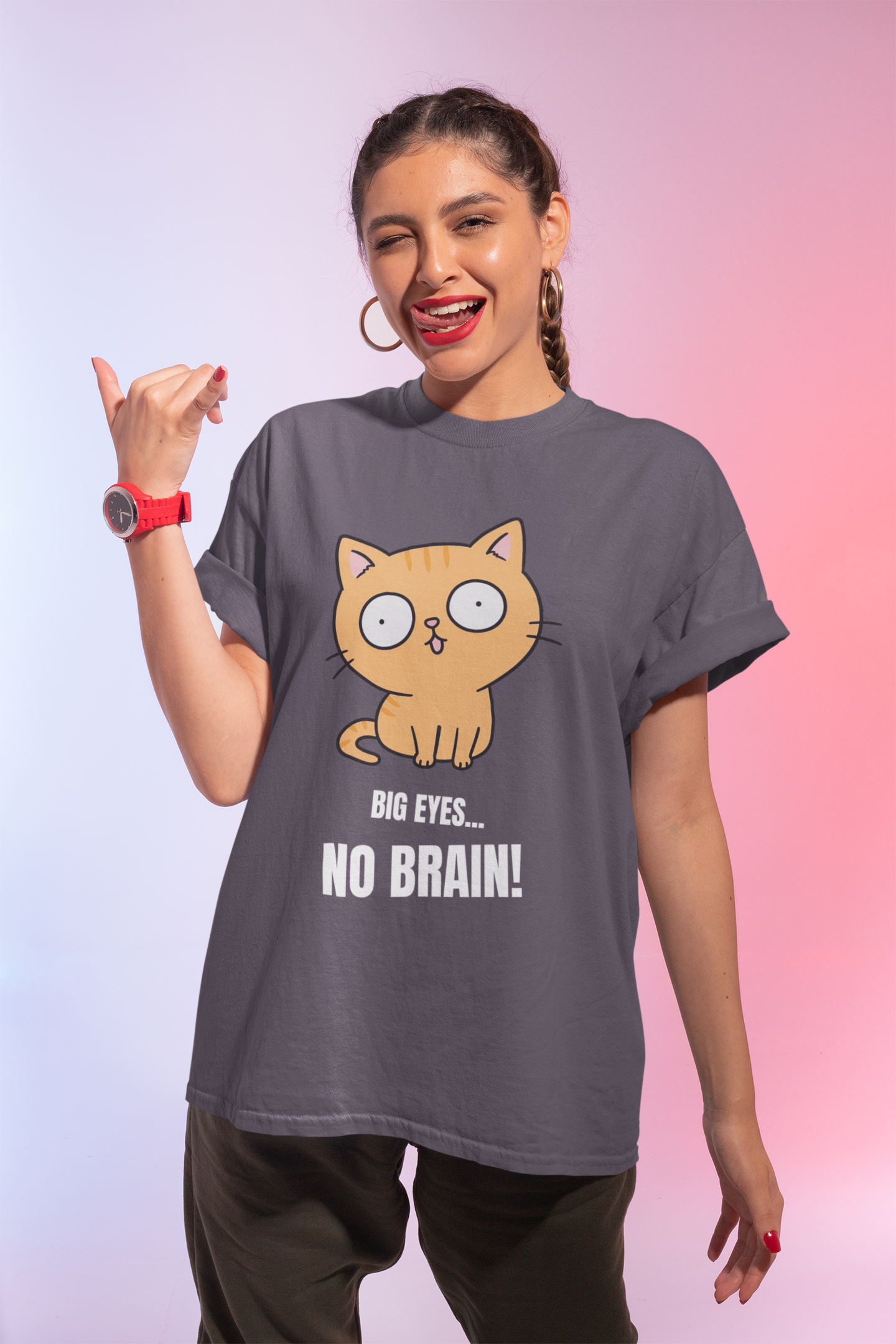 Big Eyes No Brain Orange Cat T-Shirt | Funny Ginger Cat Meme Slogan Tee | Gildan Softstyle 64000