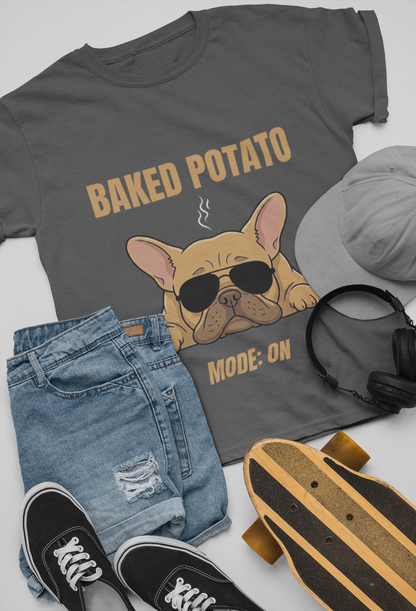 Baked Potato Mode ON French Bulldog T-Shirt | Frenchie Sunbathing Like a Potato | Gildan Softstyle 64000