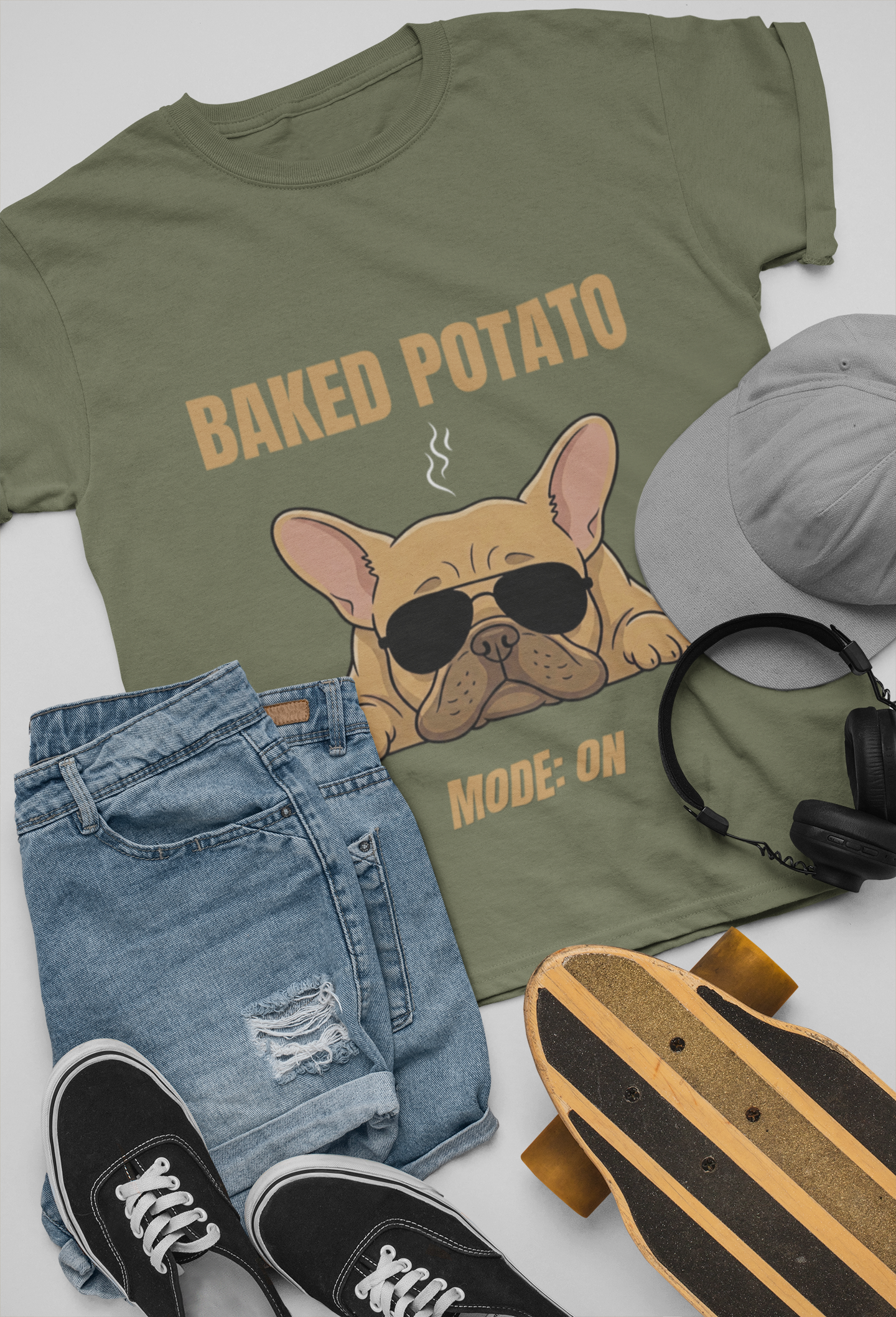 Baked Potato Mode ON French Bulldog T-Shirt | Frenchie Sunbathing Like a Potato | Gildan Softstyle 64000
