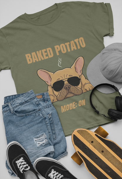 Baked Potato Mode ON French Bulldog T-Shirt | Frenchie Sunbathing Like a Potato | Gildan Softstyle 64000