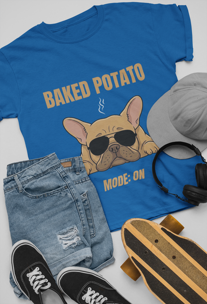 Baked Potato Mode ON French Bulldog T-Shirt | Frenchie Sunbathing Like a Potato | Gildan Softstyle 64000