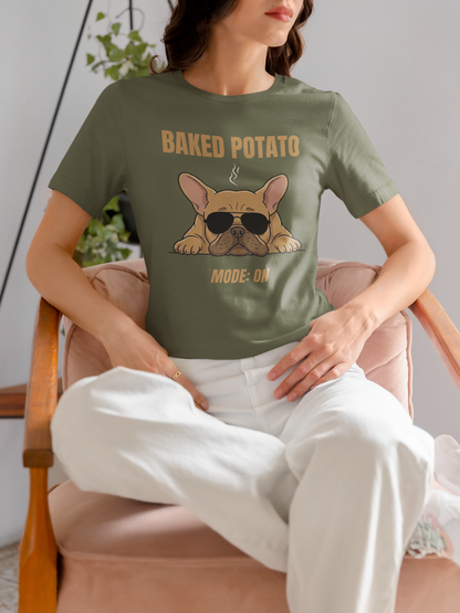Baked Potato Mode ON French Bulldog T-Shirt | Frenchie Sunbathing Like a Potato | Gildan Softstyle 64000