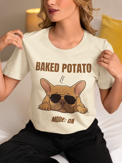 Baked Potato Mode ON French Bulldog T-Shirt | Frenchie Sunbathing Like a Potato | Gildan Softstyle 64000