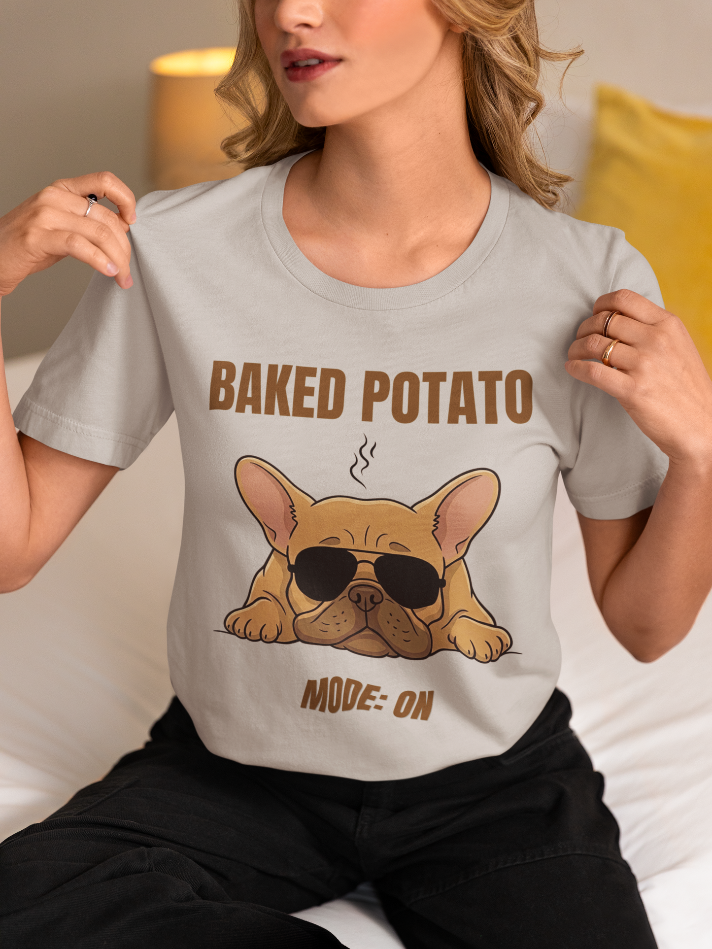 Baked Potato Mode ON French Bulldog T-Shirt | Frenchie Sunbathing Like a Potato | Gildan Softstyle 64000