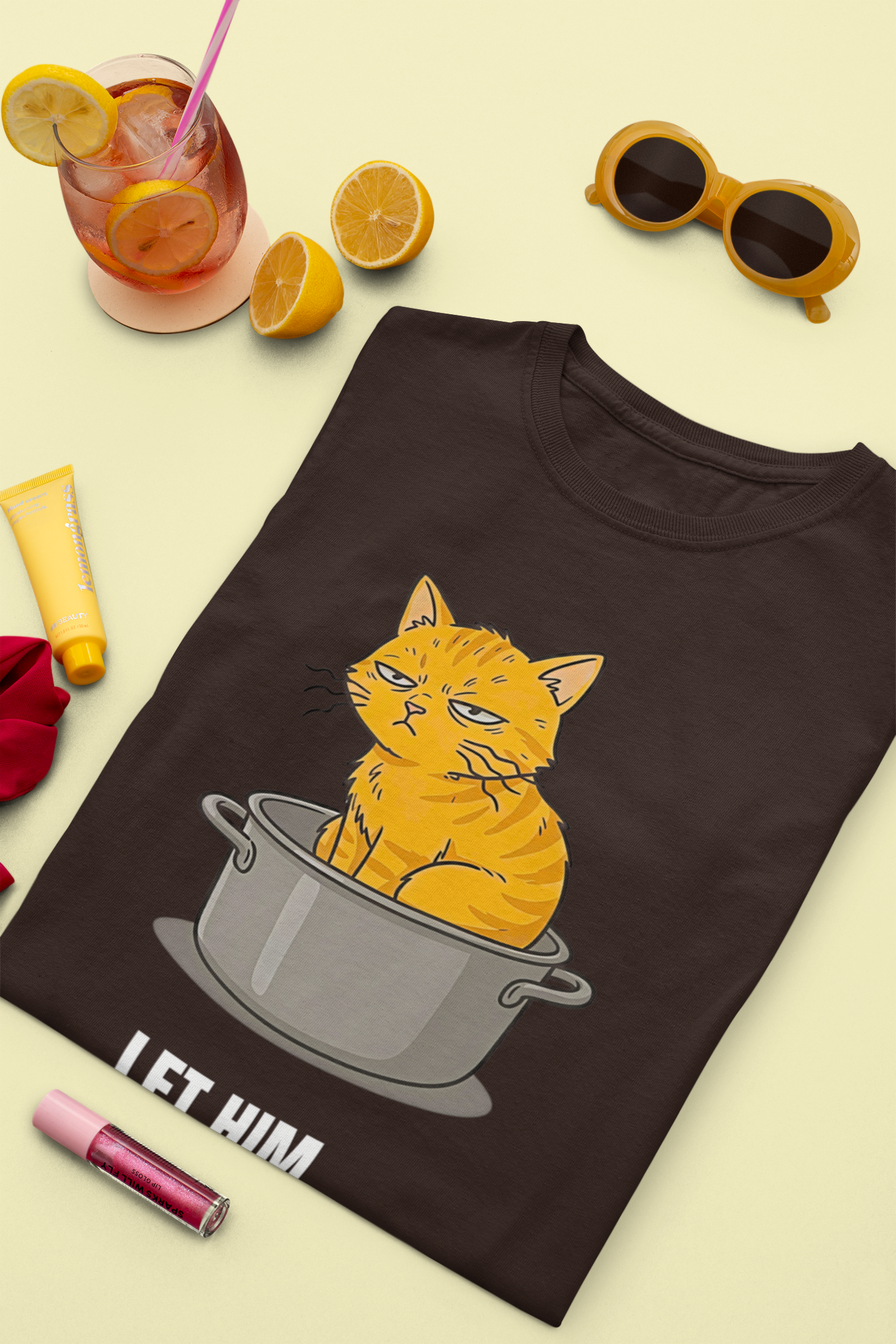 Let Him Cook Orange Cat T-Shirt | Funny Cat Sitting in Pot Meme Tee | Gildan Softstyle 64000