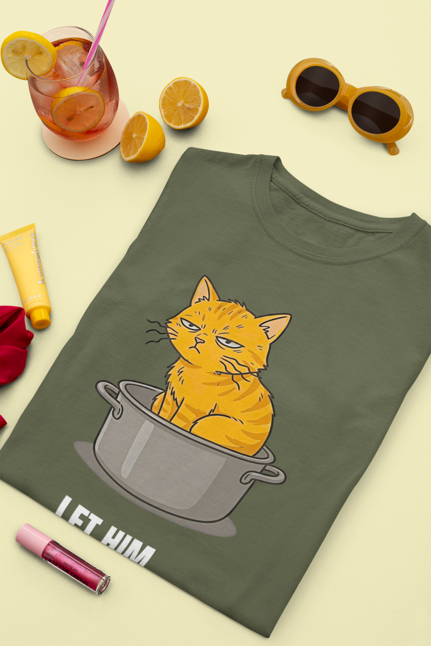Let Him Cook Orange Cat T-Shirt | Funny Cat Sitting in Pot Meme Tee | Gildan Softstyle 64000