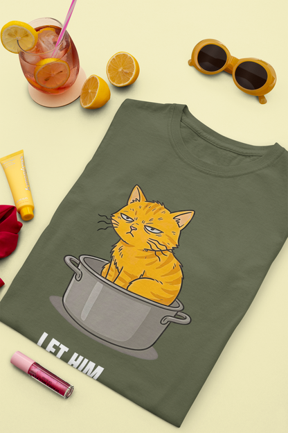 Let Him Cook Orange Cat T-Shirt | Funny Cat Sitting in Pot Meme Tee | Gildan Softstyle 64000