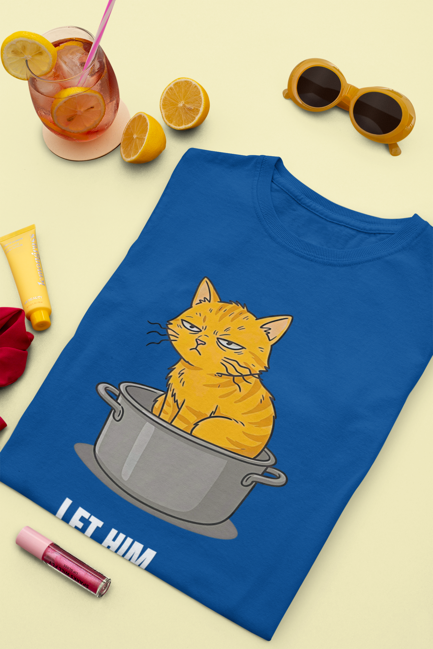 Let Him Cook Orange Cat T-Shirt | Funny Cat Sitting in Pot Meme Tee | Gildan Softstyle 64000