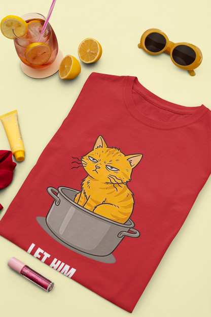 Let Him Cook Orange Cat T-Shirt | Funny Cat Sitting in Pot Meme Tee | Gildan Softstyle 64000