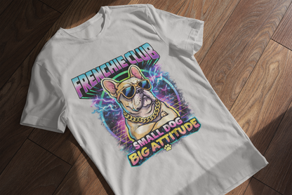 Frenchie Club T-Shirt | “Small Dog Big Attitude” Retro Neon French Bulldog Tee | Gildan Softstyle 64000 Premium Tee
