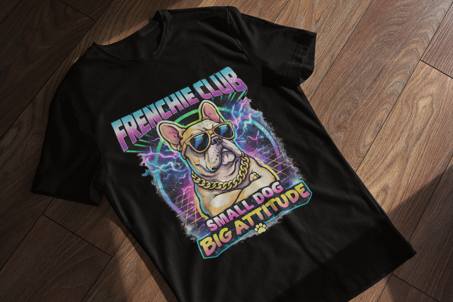 Frenchie Club T-Shirt | “Small Dog Big Attitude” Retro Neon French Bulldog Tee | Gildan Softstyle 64000 Premium Tee