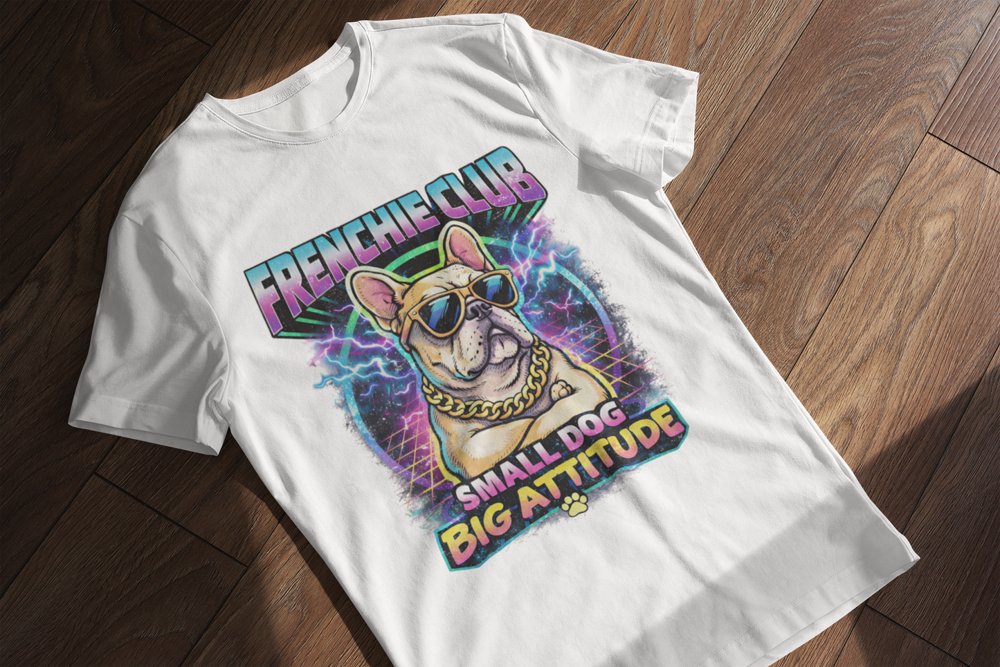 Frenchie Club T-Shirt | “Small Dog Big Attitude” Retro Neon French Bulldog Tee | Gildan Softstyle 64000 Premium Tee