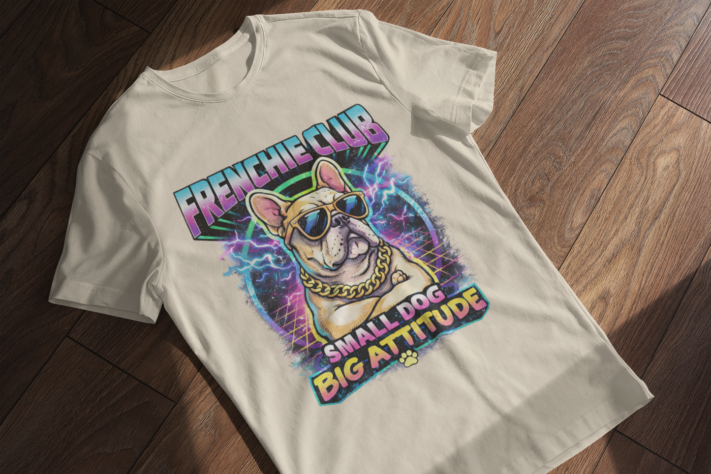 Frenchie Club T-Shirt | “Small Dog Big Attitude” Retro Neon French Bulldog Tee | Gildan Softstyle 64000 Premium Tee