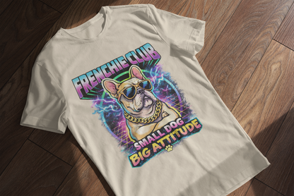 Frenchie Club T-Shirt | “Small Dog Big Attitude” Retro Neon French Bulldog Tee | Gildan Softstyle 64000 Premium Tee