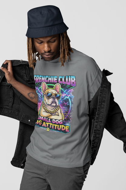Frenchie Club T-Shirt | “Small Dog Big Attitude” Retro Neon French Bulldog Tee | Gildan Softstyle 64000 Premium Tee