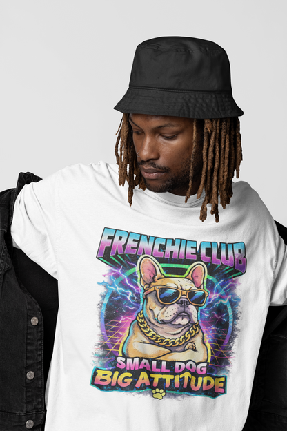 Frenchie Club T-Shirt | “Small Dog Big Attitude” Retro Neon French Bulldog Tee | Gildan Softstyle 64000 Premium Tee