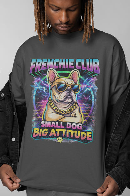 Frenchie Club T-Shirt | “Small Dog Big Attitude” Retro Neon French Bulldog Tee | Gildan Softstyle 64000 Premium Tee