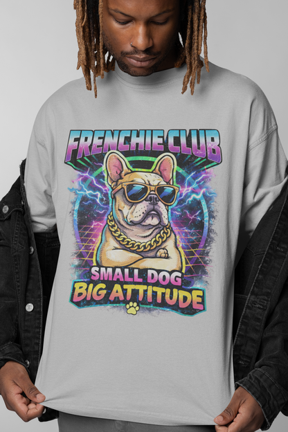 Frenchie Club T-Shirt | “Small Dog Big Attitude” Retro Neon French Bulldog Tee | Gildan Softstyle 64000 Premium Tee