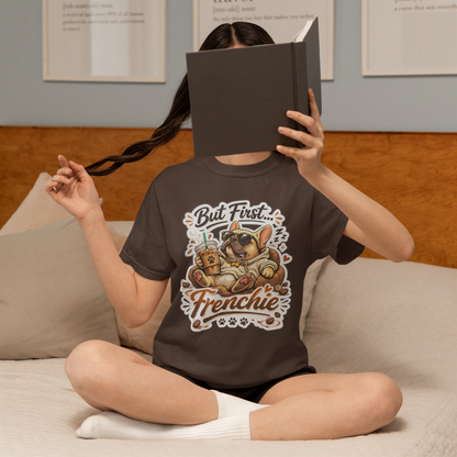 French Bulldog T-Shirt - But First Frenchie | Cute Sleeping Frenchie with Coffee Cup Morning Design | Gildan Softstyle 64000 Premium Tee