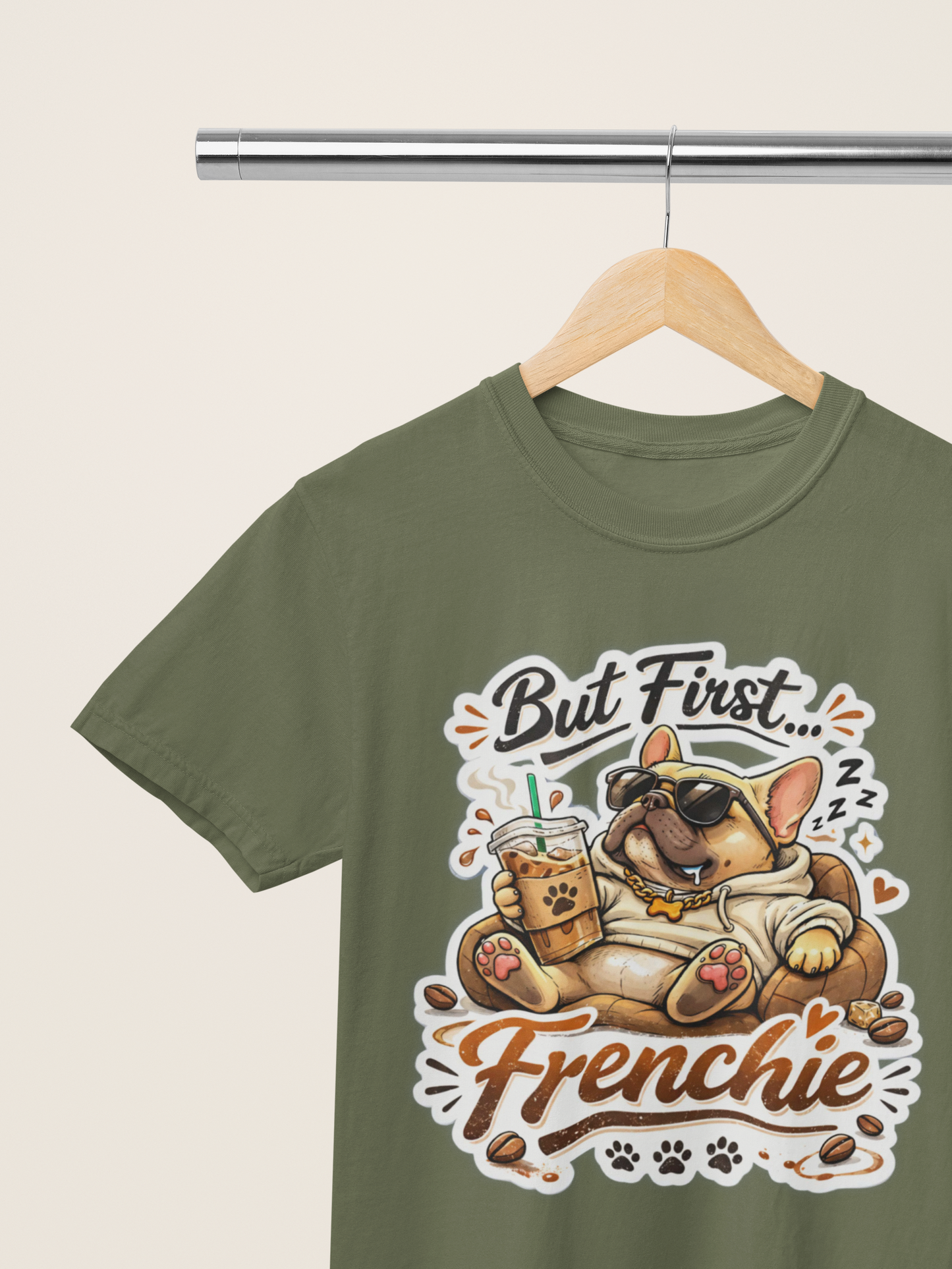 French Bulldog T-Shirt - But First Frenchie | Cute Sleeping Frenchie with Coffee Cup Morning Design | Gildan Softstyle 64000 Premium Tee