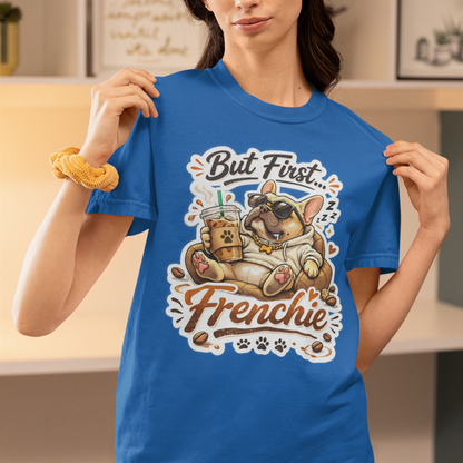 French Bulldog T-Shirt - But First Frenchie | Cute Sleeping Frenchie with Coffee Cup Morning Design | Gildan Softstyle 64000 Premium Tee