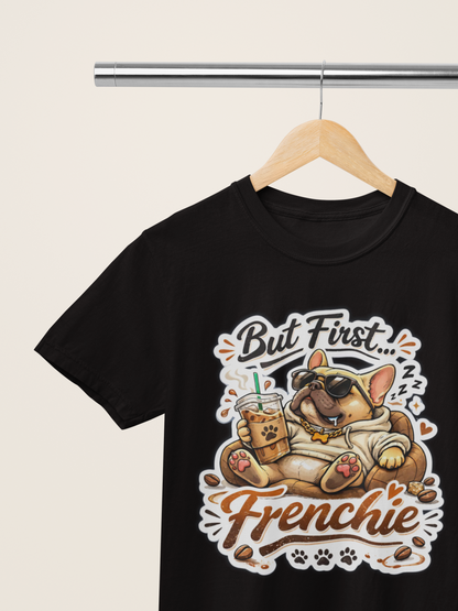 French Bulldog T-Shirt - But First Frenchie | Cute Sleeping Frenchie with Coffee Cup Morning Design | Gildan Softstyle 64000 Premium Tee