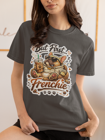 French Bulldog T-Shirt - But First Frenchie | Cute Sleeping Frenchie with Coffee Cup Morning Design | Gildan Softstyle 64000 Premium Tee