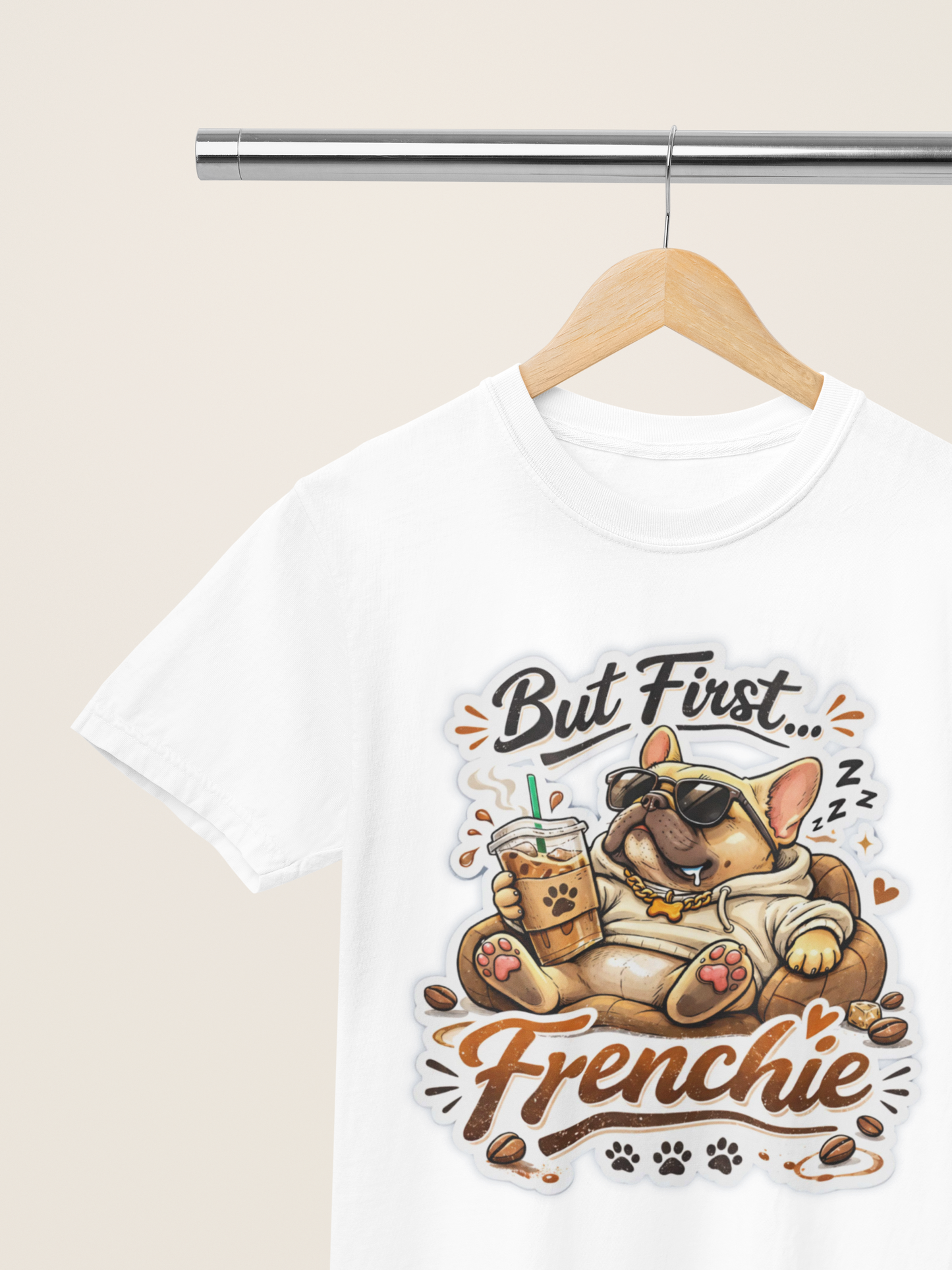 French Bulldog T-Shirt - But First Frenchie | Cute Sleeping Frenchie with Coffee Cup Morning Design | Gildan Softstyle 64000 Premium Tee