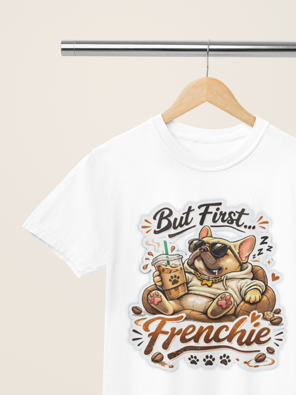 French Bulldog T-Shirt - But First Frenchie | Cute Sleeping Frenchie with Coffee Cup Morning Design | Gildan Softstyle 64000 Premium Tee