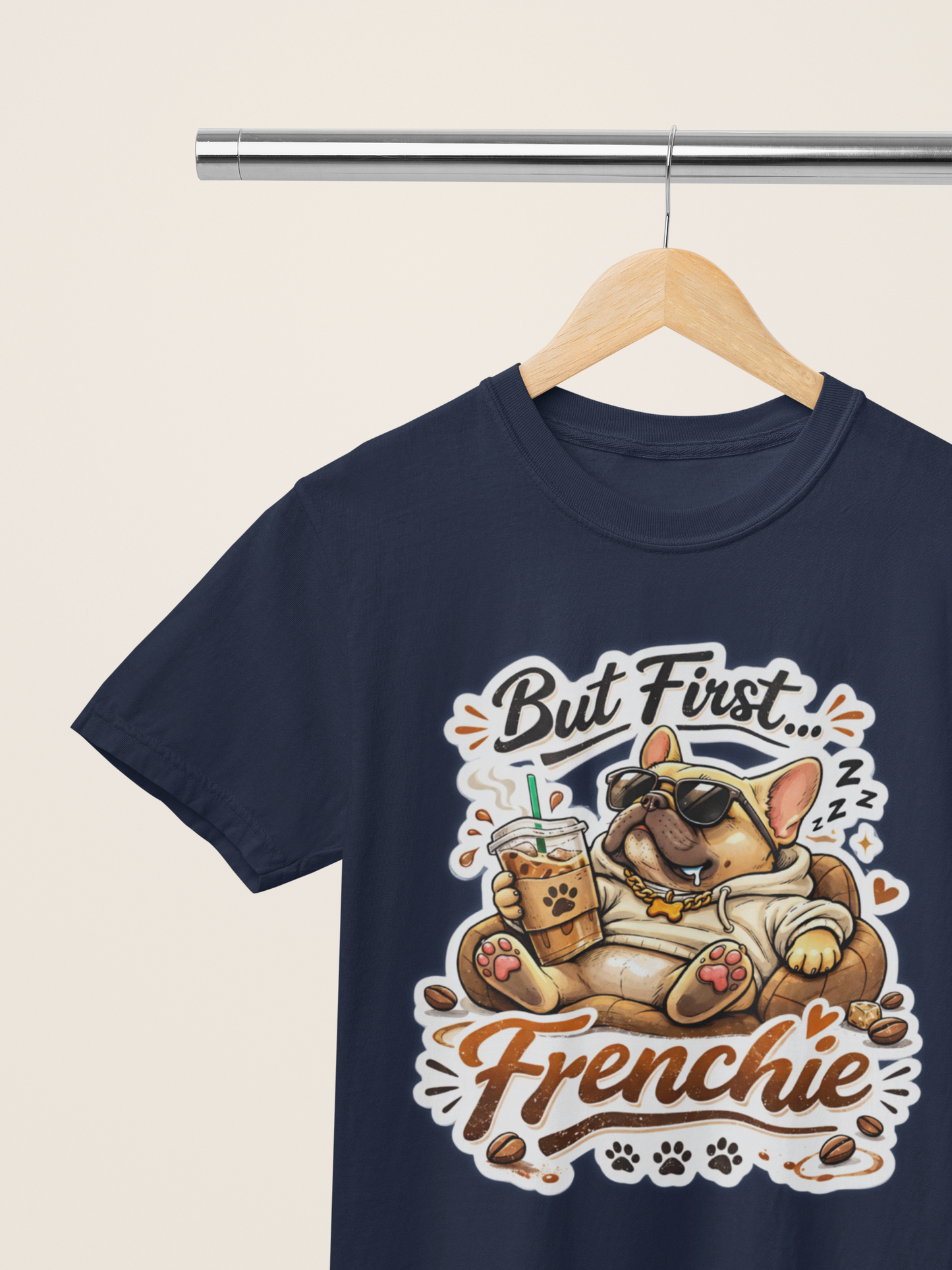 French Bulldog T-Shirt - But First Frenchie | Cute Sleeping Frenchie with Coffee Cup Morning Design | Gildan Softstyle 64000 Premium Tee