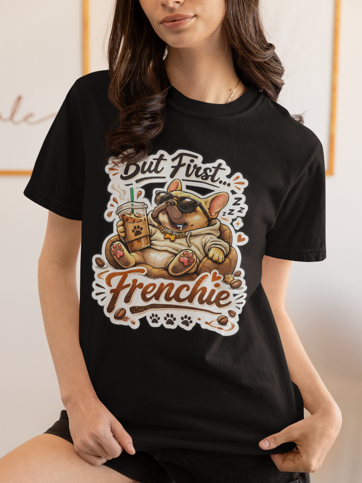 French Bulldog T-Shirt - But First Frenchie | Cute Sleeping Frenchie with Coffee Cup Morning Design | Gildan Softstyle 64000 Premium Tee