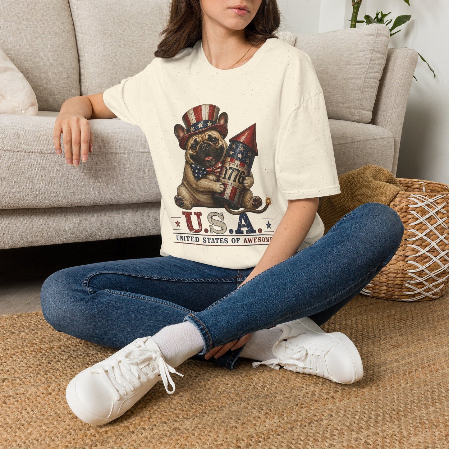 USA United States of Awesome 4th of July T-Shirt | Frenchie with 1776 Firework | Gildan Softstyle 64000