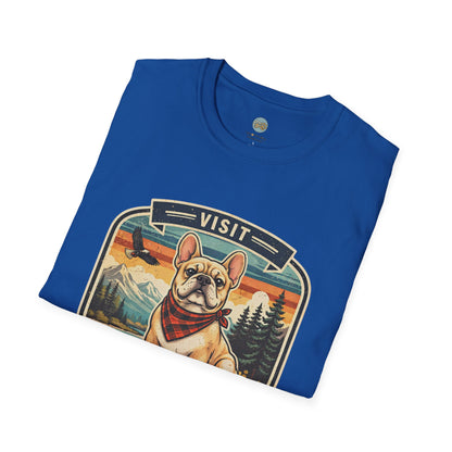 French Bulldog National Park T-Shirt | Vintage Badge Design with Mountains and Sunset for Dog Lovers | Gildan Softstyle 64000 Premium Tee
