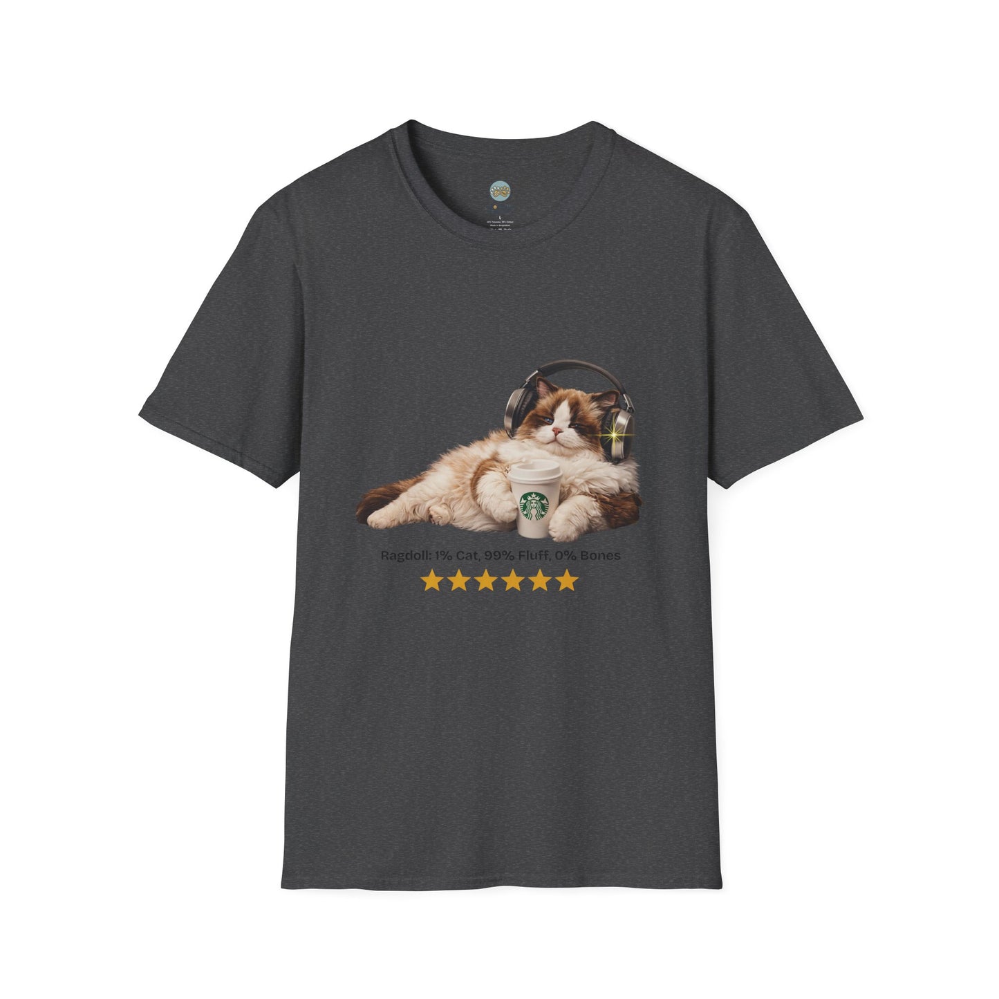 Cat Coffee Review T-Shirt — Relaxed Cat with Headphones & 5-Star Latte Tee | Gildan Softstyle 64000 Premium Tee