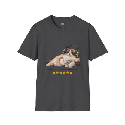 Cat Coffee Review T-Shirt — Relaxed Cat with Headphones & 5-Star Latte Tee | Gildan Softstyle 64000 Premium Tee